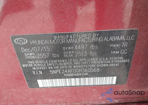 2016 Hyundai Sonata Se из США, поврежденный, VIN 5NPE24AF0GH360568